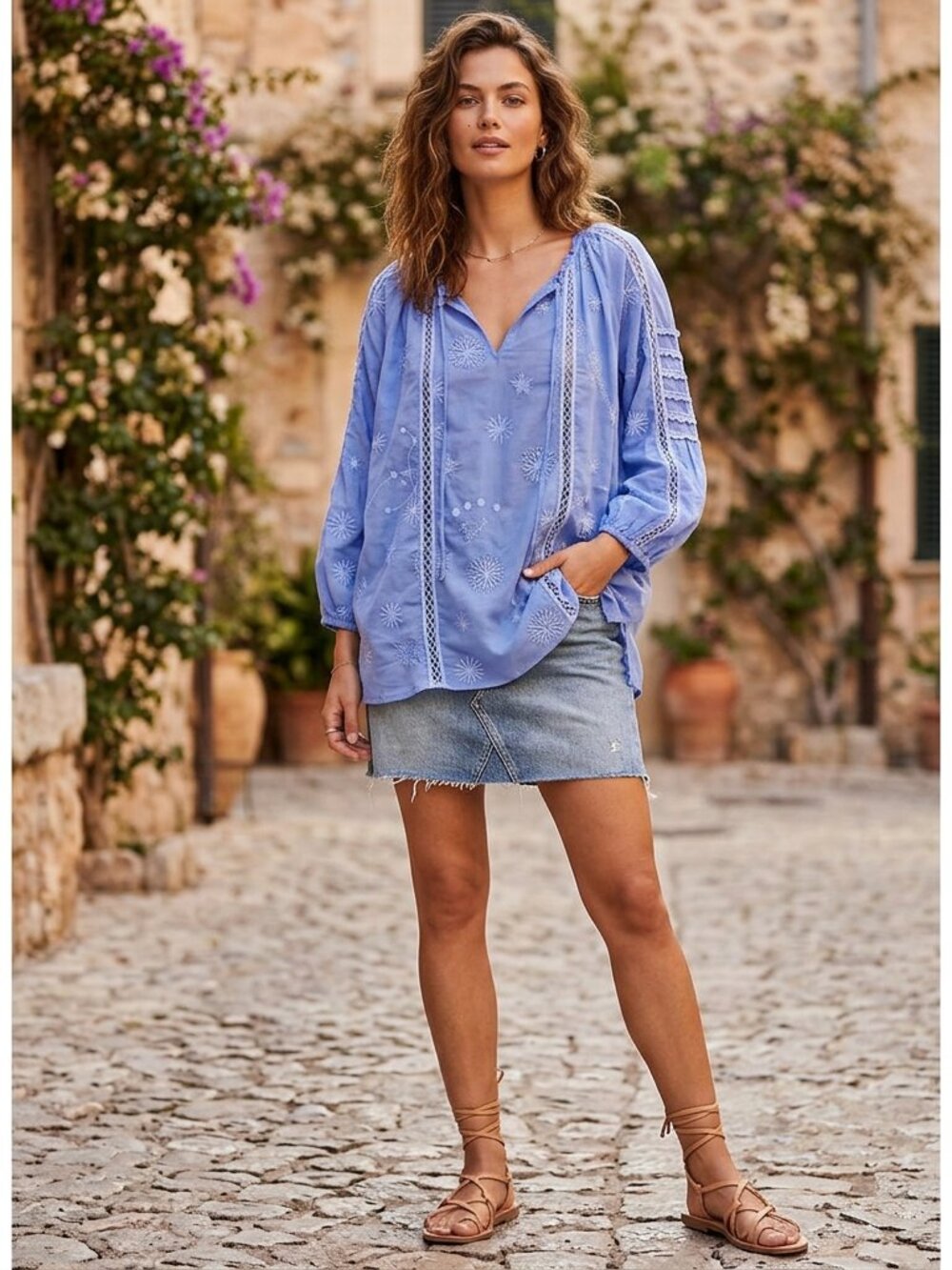Johnny Was Blue Celestial Constellation Embroidered Peasant Tunic S